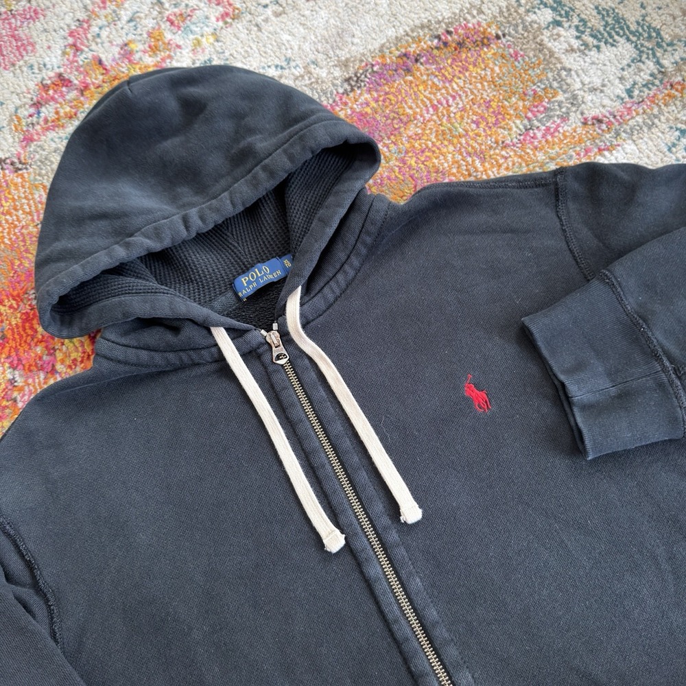 Polo Ralph Lauren Full Zip Hoodie Mens XL Black Waffle Lined Hood Red Pony Logo